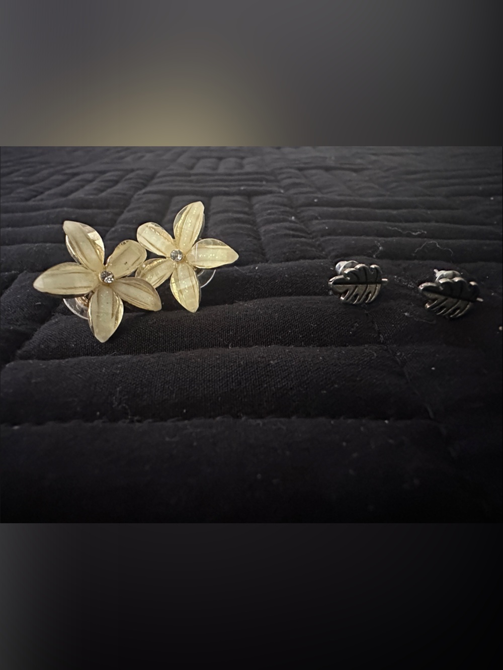 Cream Flower Earrings and Gold Leaf Earrings